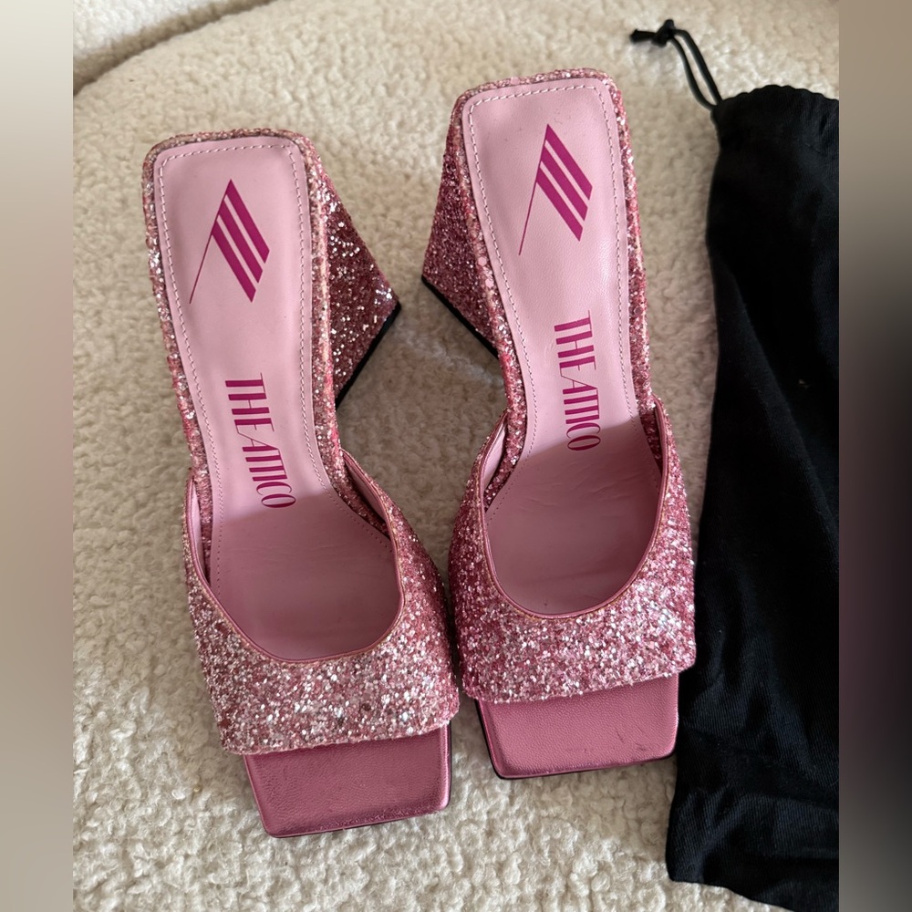 New The Attico “Devon” Sugar Pink Glitter Mules, size 6, $995